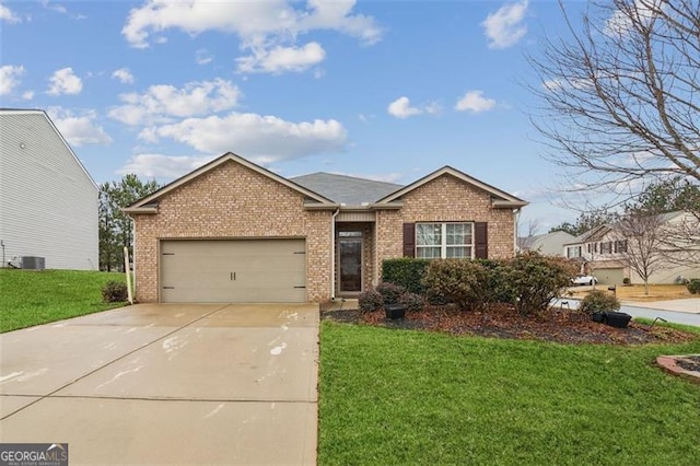 ranch-style home with brick siding, a garage, cooling unit, driveway, and a front lawn