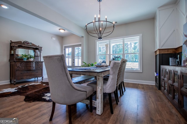 1291 Pleasant Grove Church Rd, Villa Rica, GA 30180 - dining room featuring a chandelier, dark hardwood / wood-style flooring, and french doors
