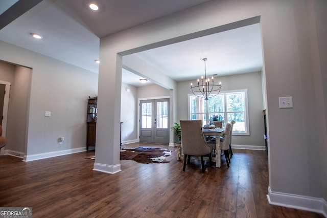 1291 Pleasant Grove Church Rd, Villa Rica, GA 30180 - dining area with french doors, dark hardwood / wood-style floors, and a chandelier