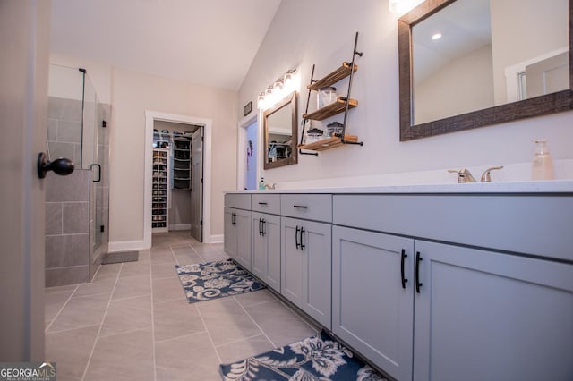 1291 Pleasant Grove Church Rd, Villa Rica, GA 30180 - bathroom with walk in shower, tile patterned floors, lofted ceiling, and vanity