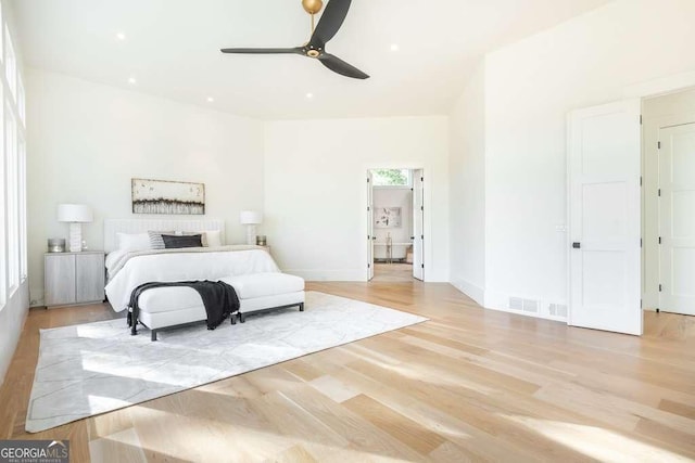 bedroom featuring ceiling fan and light wood-type flooring