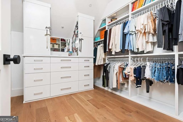 walk in closet with light hardwood / wood-style floors