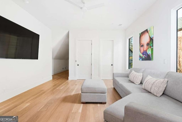 living room with wood-type flooring and ceiling fan