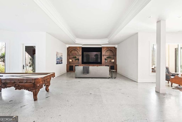 recreation room featuring billiards, a tray ceiling, and ornamental molding