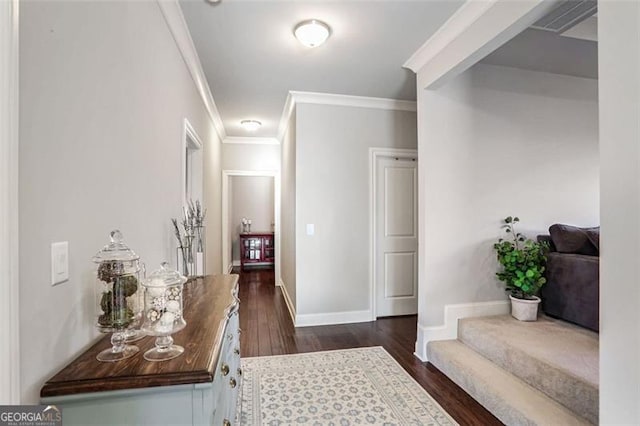 hallway featuring crown molding and dark hardwood / wood-style flooring