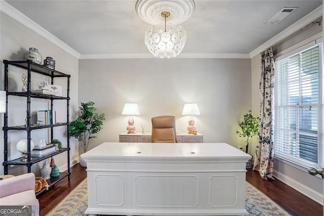 home office with crown molding, dark hardwood / wood-style floors, and an inviting chandelier