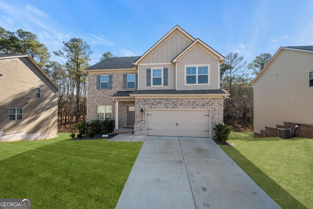 view of front of home featuring cooling unit, a garage, and a front lawn