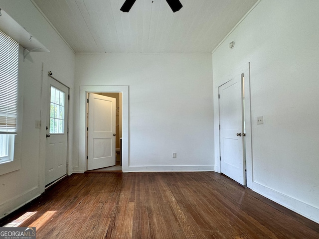 392 Taylor Ave, Macon, GA 31217 - interior space with a ceiling fan, dark wood-style flooring, wooden ceiling, and baseboards