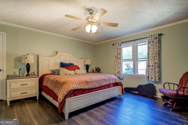 bedroom featuring a textured ceiling, baseboards, a ceiling fan, dark wood-type flooring, and ornamental molding