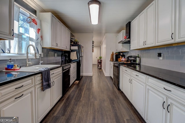 kitchen featuring white cabinetry, dark hardwood / wood-style flooring, sink, and black appliances