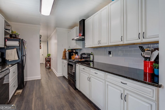 kitchen with dark wood-style flooring, wall chimney exhaust hood, backsplash, and black appliances