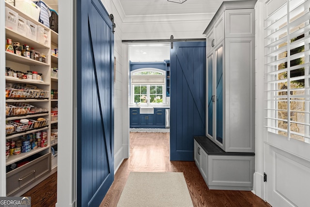 mudroom featuring dark wood-style flooring, crown molding, and a barn door