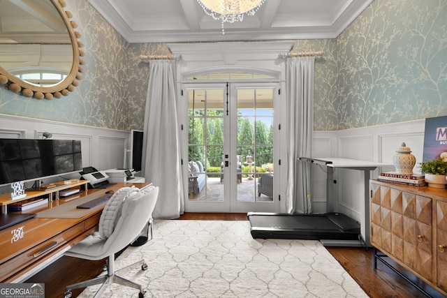 office space featuring ornamental molding, french doors, a wainscoted wall, and wallpapered walls