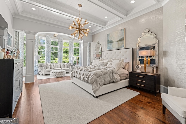 bedroom with decorative columns, dark wood finished floors, ornamental molding, beam ceiling, and recessed lighting