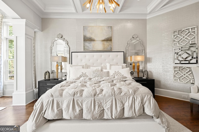 bedroom featuring decorative columns, dark hardwood / wood-style floors, coffered ceiling, ornamental molding, and beamed ceiling