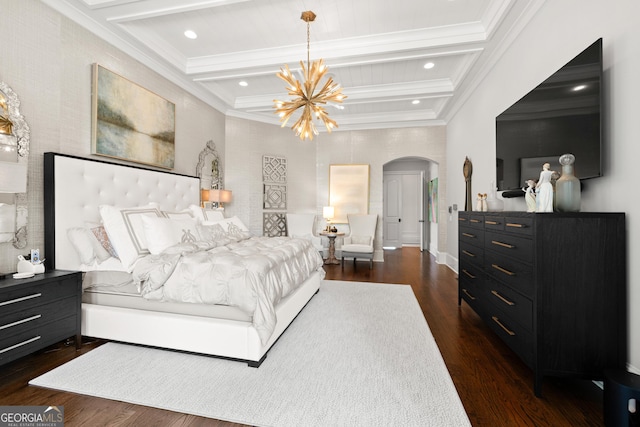 bedroom featuring beamed ceiling, dark hardwood / wood-style flooring, a chandelier, and crown molding