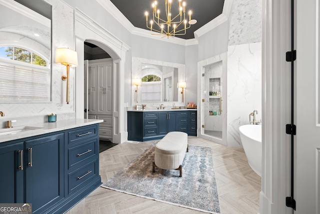 bathroom with vanity, crown molding, parquet flooring, and plus walk in shower