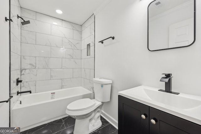 bathroom featuring toilet, vanity, baseboards, marble finish floor, and tub / shower combination