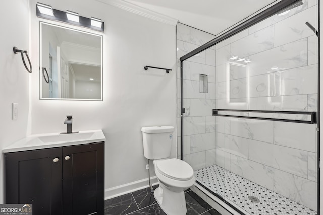 full bathroom featuring a stall shower, baseboards, toilet, marble finish floor, and vanity