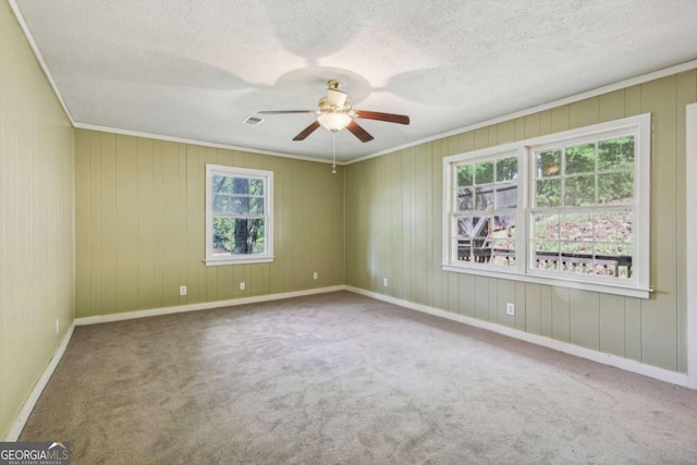 carpeted spare room featuring ornamental molding, a textured ceiling, and ceiling fan