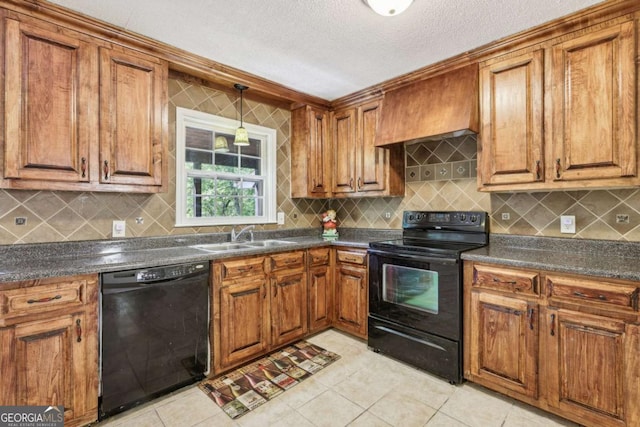 kitchen with sink, light tile patterned floors, custom exhaust hood, and black appliances