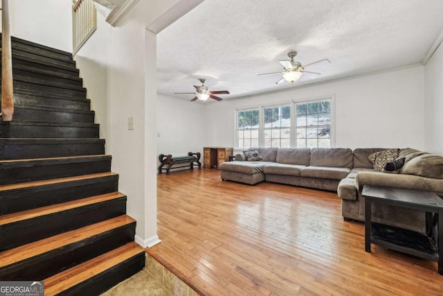 living room with ornamental molding, ceiling fan, a textured ceiling, and light hardwood / wood-style flooring