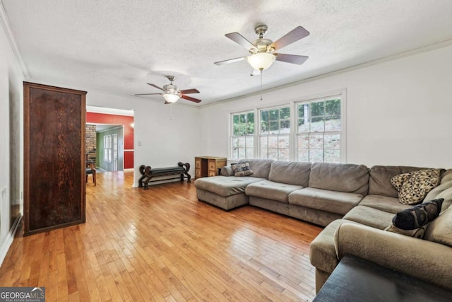 living room featuring ceiling fan, ornamental molding, light hardwood / wood-style floors, and a textured ceiling