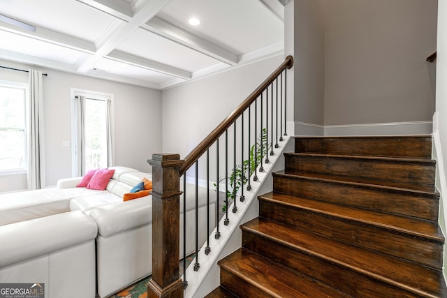 stairs with coffered ceiling and beam ceiling