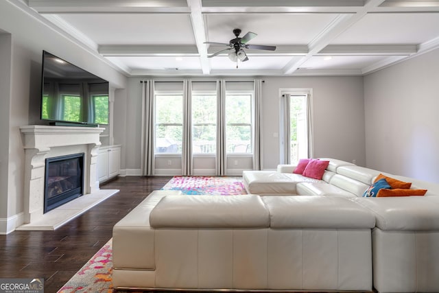 living room featuring coffered ceiling, dark wood-type flooring, a wealth of natural light, and ceiling fan