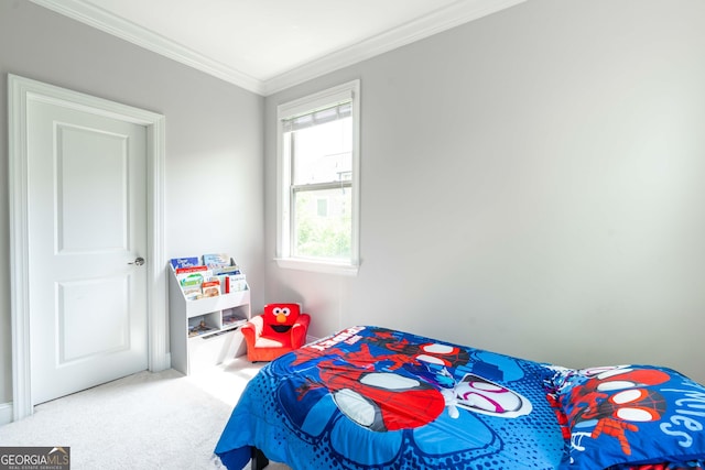 bedroom featuring ornamental molding and carpet flooring