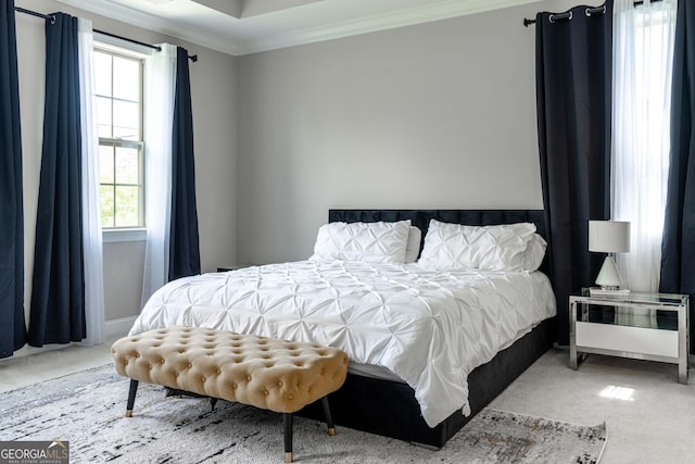 bedroom featuring crown molding and carpet flooring