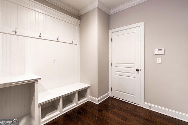 mudroom with crown molding and dark hardwood / wood-style flooring