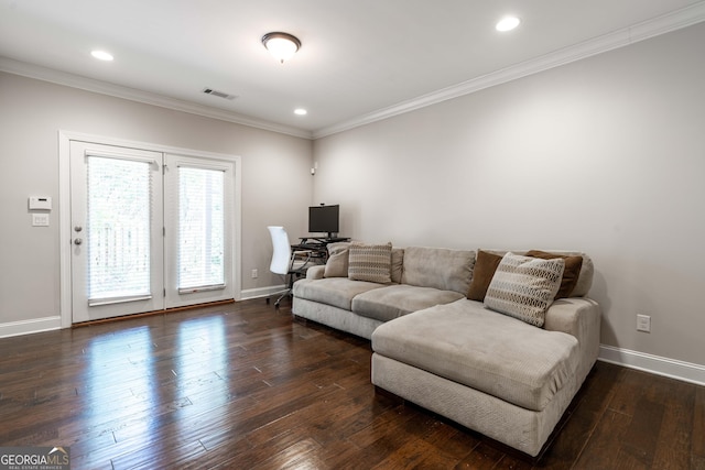 living room with ornamental molding and dark wood-type flooring