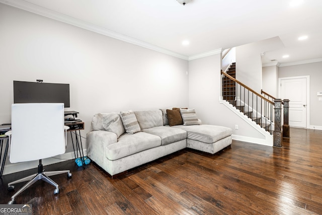 living room with crown molding and dark hardwood / wood-style floors