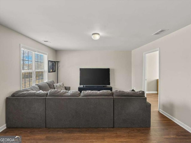 living room featuring dark wood-type flooring