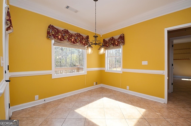 unfurnished dining area featuring a notable chandelier, crown molding, and tile patterned floors