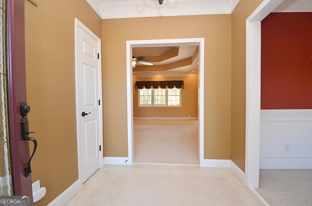 hall with light carpet, ornamental molding, and a raised ceiling