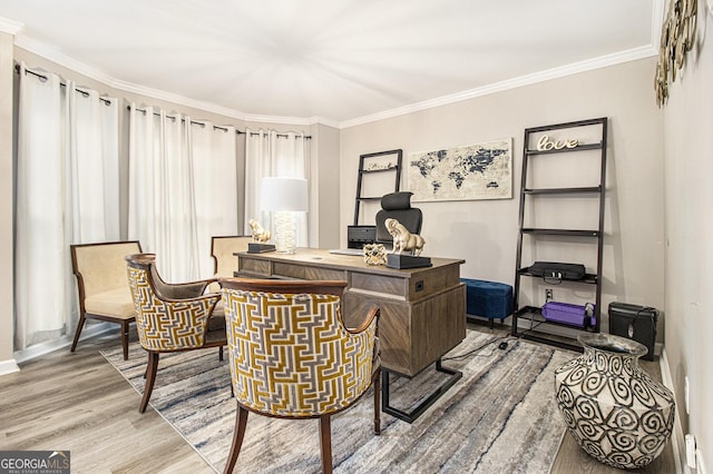 office with wood-type flooring and crown molding