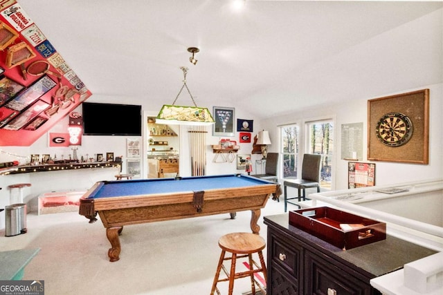 playroom featuring lofted ceiling, carpet flooring, and pool table