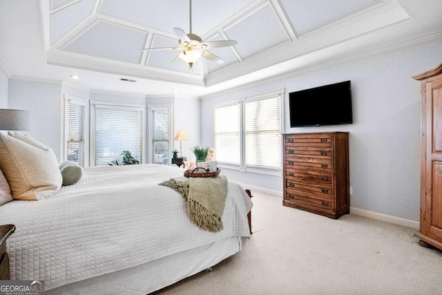 carpeted bedroom with crown molding, coffered ceiling, ceiling fan, and a tray ceiling