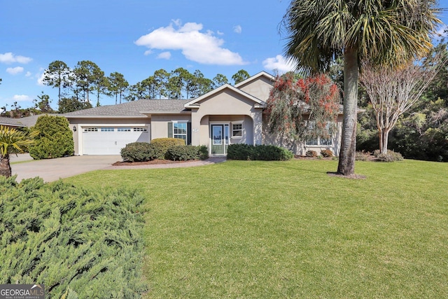 ranch-style home featuring a garage and a front lawn