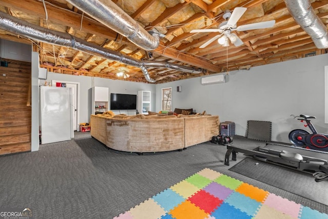 exercise room with a wall mounted air conditioner, dark carpet, and ceiling fan