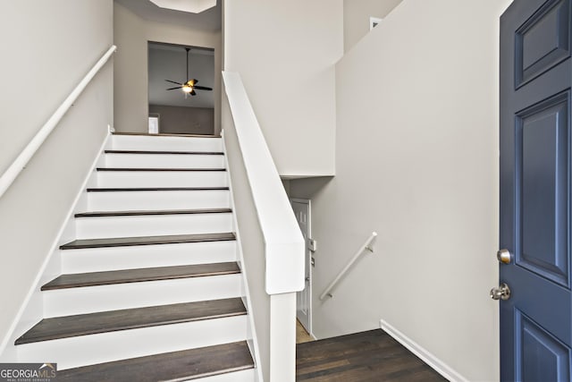 stairway featuring ceiling fan and wood-type flooring