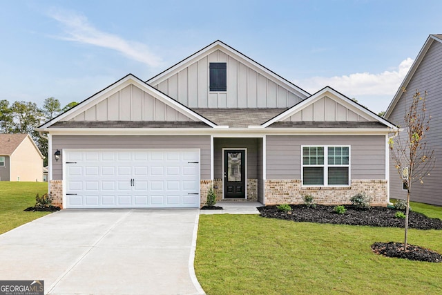 craftsman inspired home with a garage and a front yard