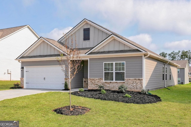 craftsman inspired home featuring a garage and a front lawn