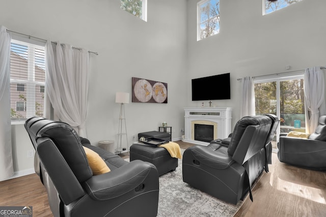 living room with a wealth of natural light, a towering ceiling, and hardwood / wood-style floors