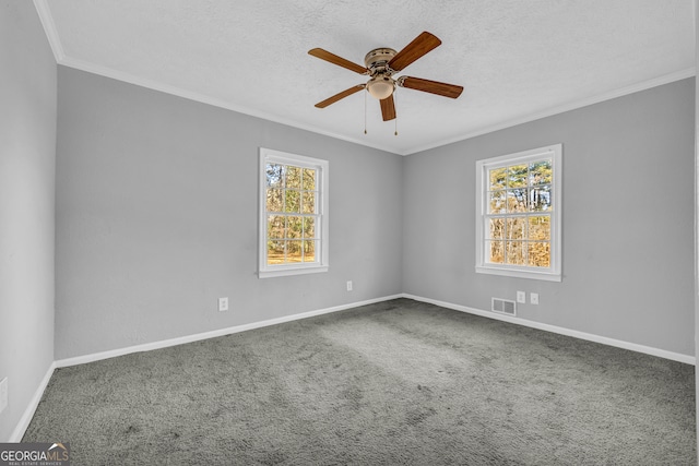 spare room with ornamental molding, carpet, ceiling fan, and a textured ceiling