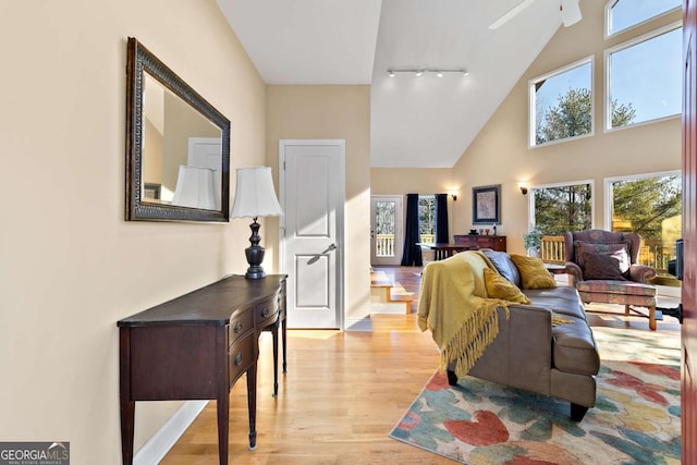 living room featuring high vaulted ceiling, rail lighting, and light wood-type flooring