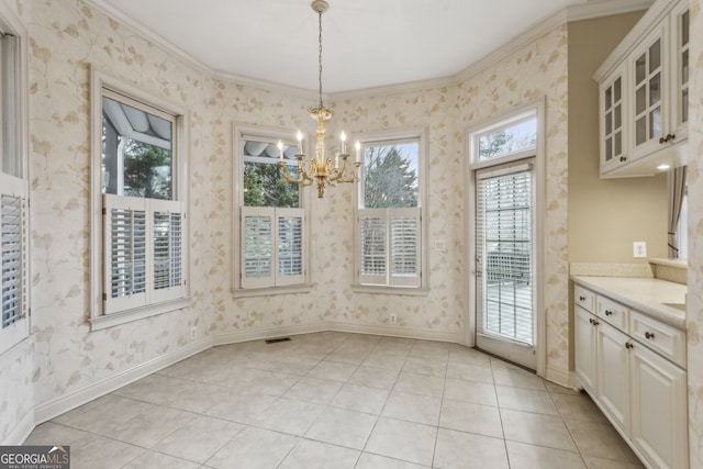 unfurnished dining area featuring light tile patterned flooring and an inviting chandelier