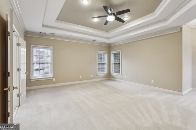 carpeted spare room featuring crown molding, a tray ceiling, and ceiling fan